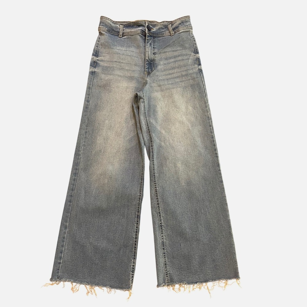 OAT New York Wide Leg Jeans Womens 8/29 Blue Cotton Blend Boho Raw Hem High Rise